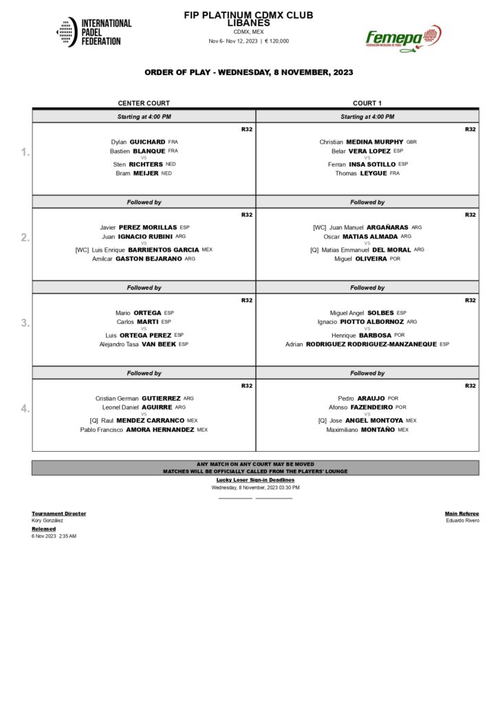 Orden de juego de la primera jornada de los dieciseisavos de final del FIP PLATINUM Ciudad de México