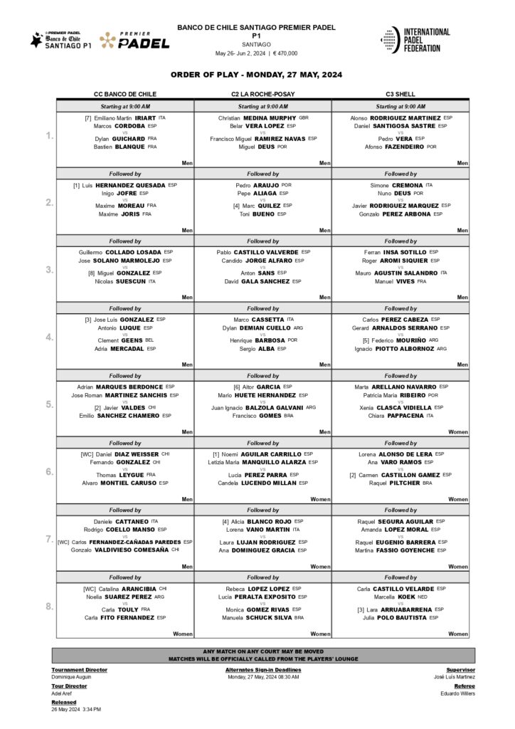 Orden de juego de la primera jornada de la previa del Santiago Premier Padel P1