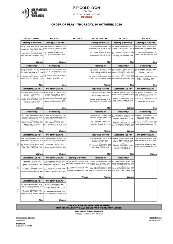 Horarios de los dieciseisavos de final del FIP Gold Lyon