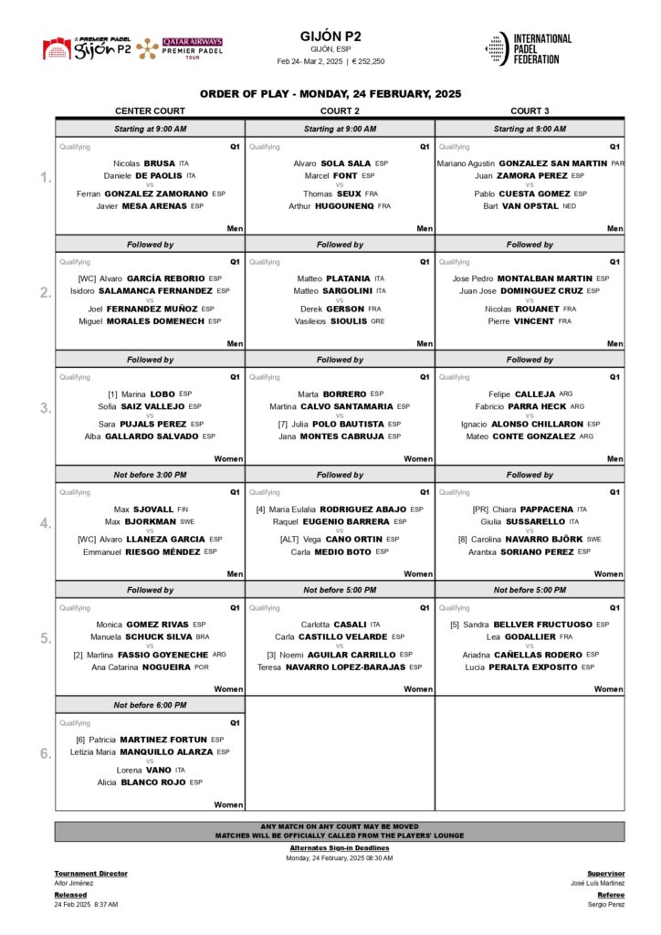 Horarios de la primera jornada de la fase previa del Gijón Premier Padel P2