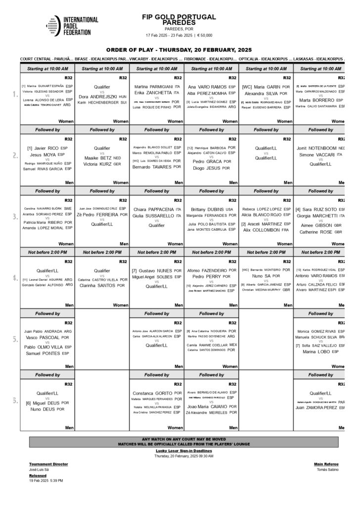 Horarios de los dieciseisavos de final del FIP GOLD Paredes