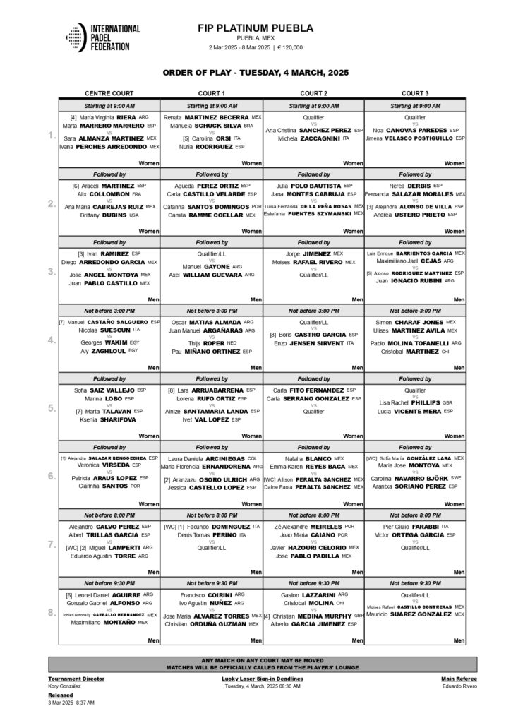 Horarios de los dieciseisavos de final del FIP Platinum Paredes