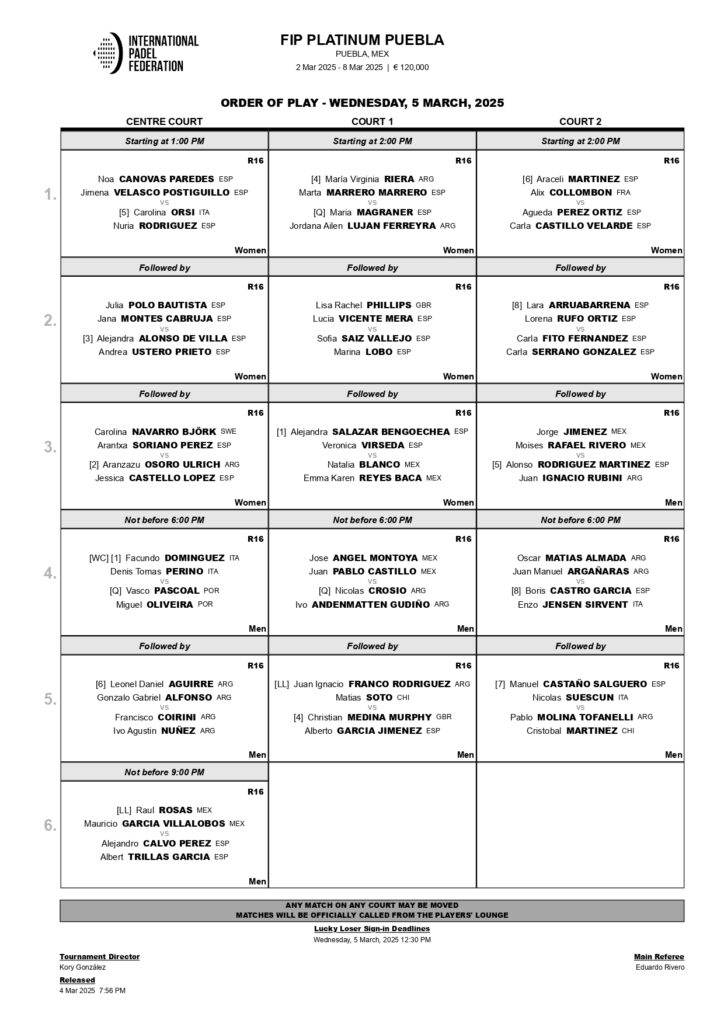 Horarios de los octavos de final del FIP Platinum Puebla