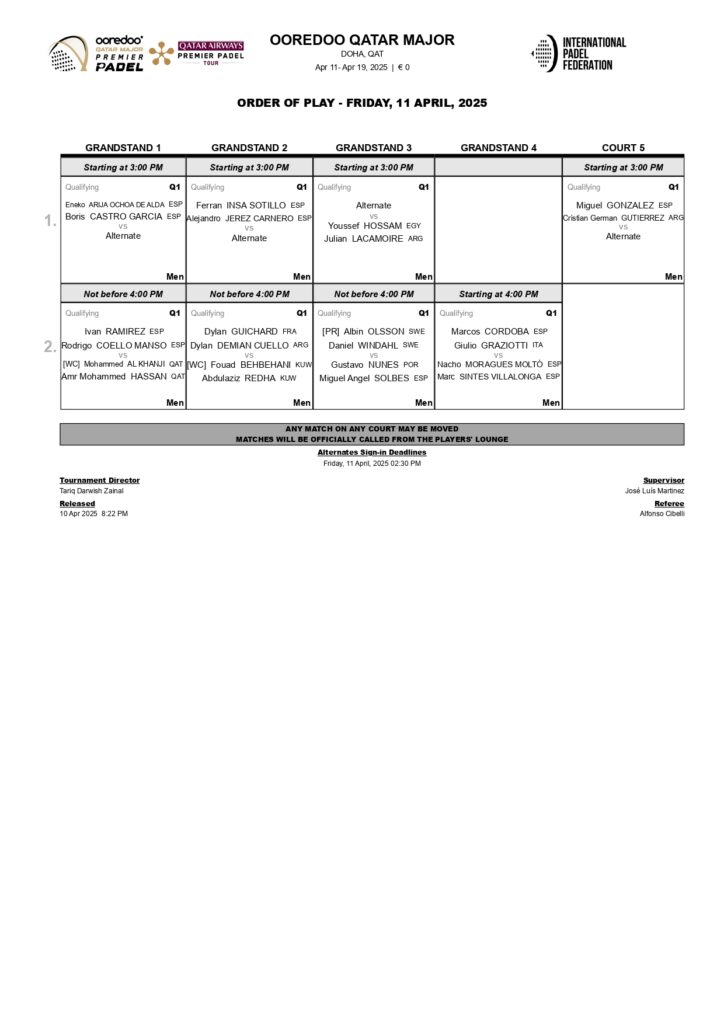 Horarios de la primera jornada de la fase previa del Qatar Major Premier Padel 2025