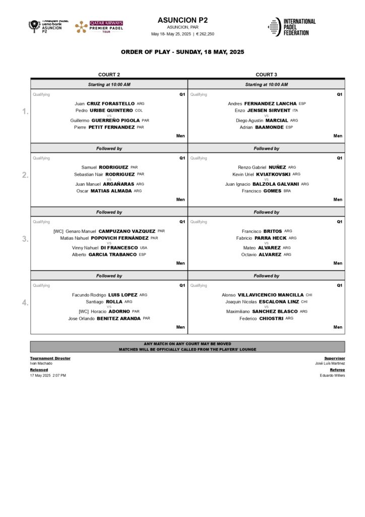 Horarios de la primera jornada de la fase previa del Asunción Premier Padel P2 2025