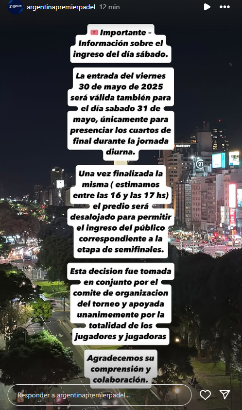 El público con entrada para los cuartos de final del Buenos Aires Premier Padel P1 no podrá acceder a ver los partidos aplazados