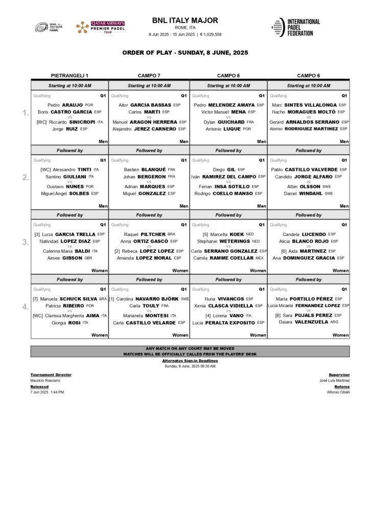 Horarios de la primera jornada de la fase previa del Italy Major Premier Padel 2025