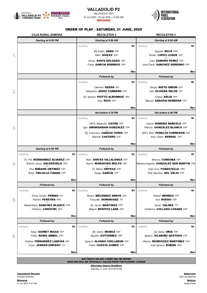 Horarios de la primera jornada de la fase previa del Valladolid Premier Padel P2 2025