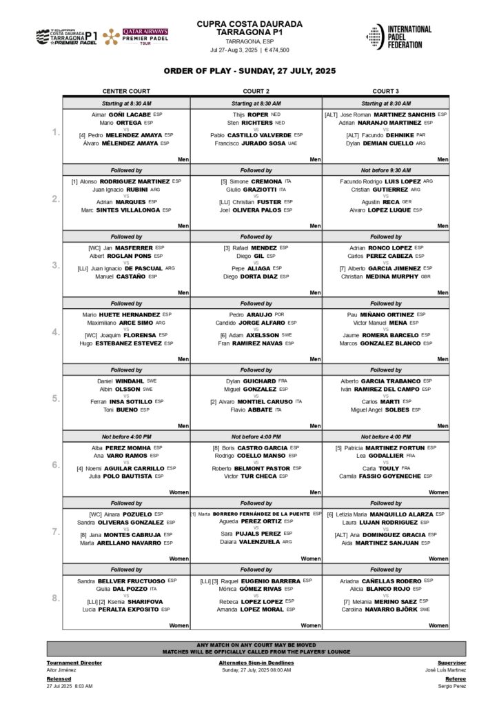 Horarios de la primera jornada de la fase previa del Tarragona Premier Padel P1