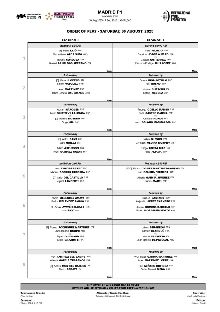 Horarios de la primera jornada de la fase previa del Madrid Premier Padel P1