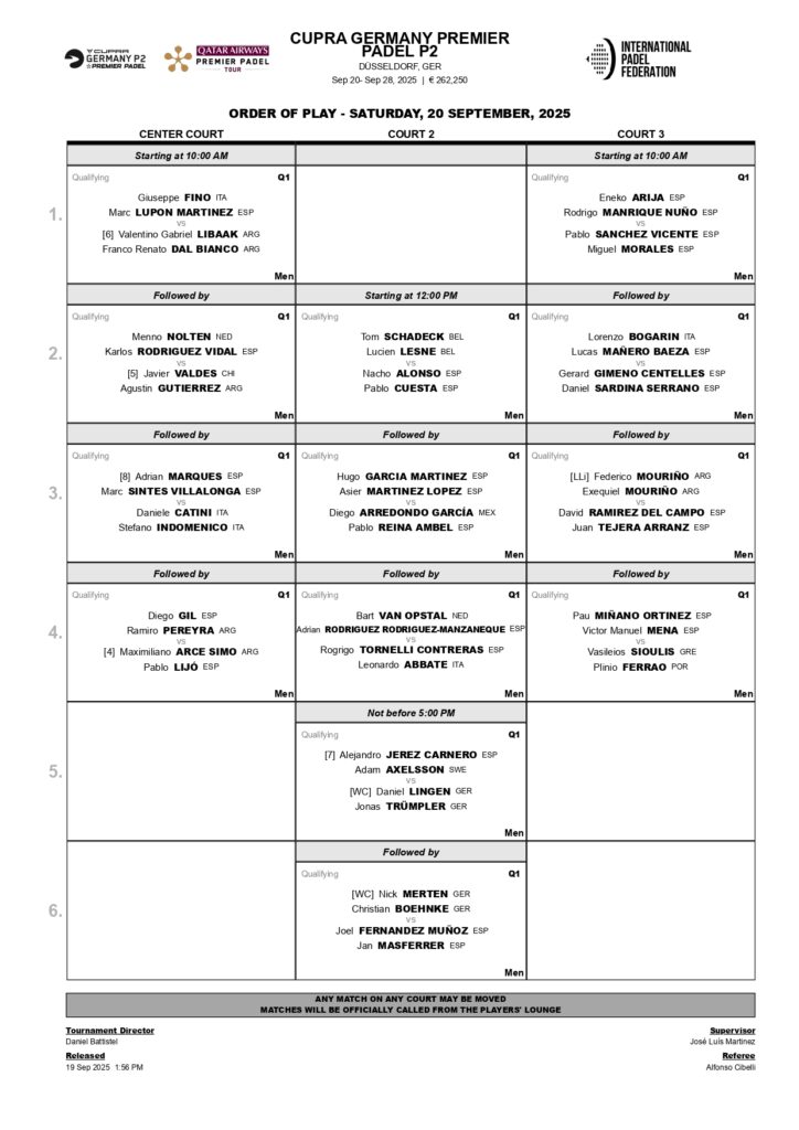 Horarios de la primera jornada de la fase previa del Germany Premier Padel P2